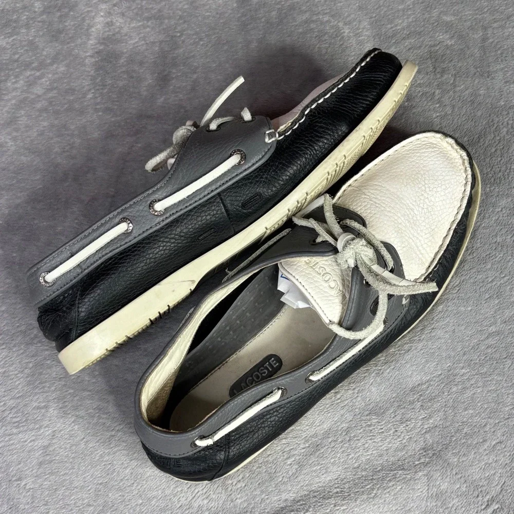 Lacoste Boat Shoes Mens 11 Black Grey White Arlez SRM LTH Leather Deck Shoes